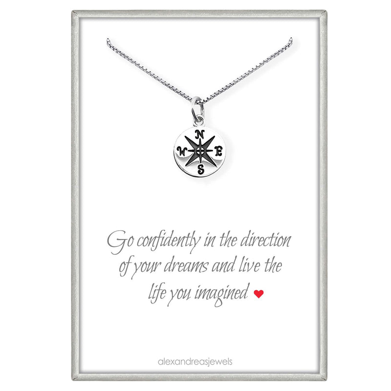 Small Compass Necklace Sterling Silver, Go Confidently in the Direction of Your Dreams, Graduation Gift Necklace, 18 Inches - BeesActive Australia