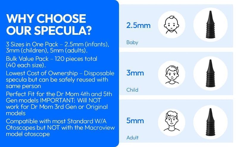 120 Doctor Mom Otoscope Specula 3 Sizes for 4th and 5th Generation Dr Mom Otoscope Includes 40 of Each Size 2.5mm, 3mm, 5mm. Important- NOT for The Smaller Dr Mom 3rd Gen and Original otoscopes. - BeesActive Australia