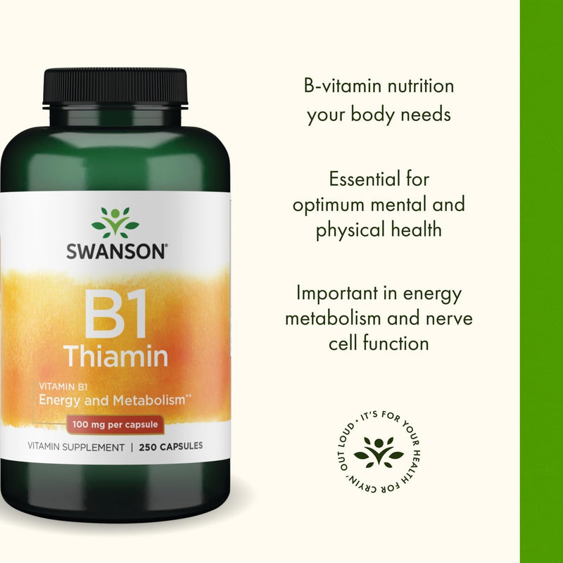 Swanson Vitamin B1 (Thiamin) - Promotes Healthy Metabolism and Provides Energy Support - Natural Vitamin Supplement Supporting Optimum Nerve Cell Function - (250 Capsules, 100mg Each) (2 Pack) 2