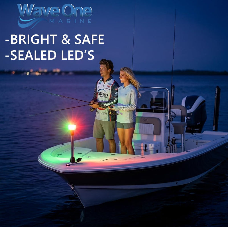 Wave One Marine 12" LED Bow Removable Bi-Color Navigation Light With Stainless Plug In Base | Boat 2 Pin Pole Pontoon Red Green Lights 1NM Visibility | 12 Volt DC | Night Nav Waterproof Inches - BeesActive Australia