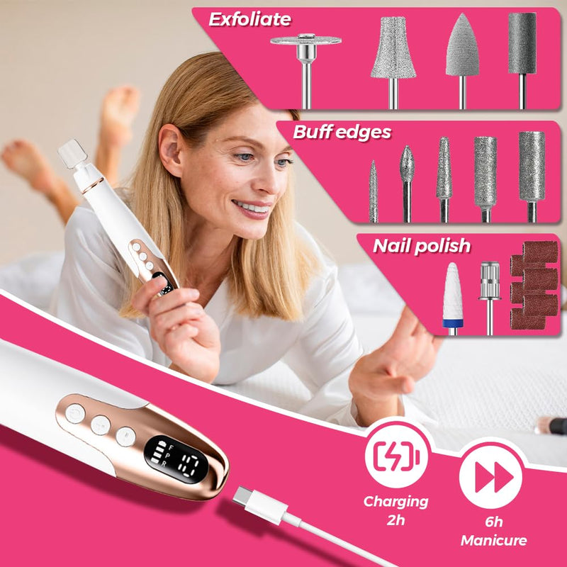 Joyzan Professional Manicure Pedicure Kit, Cordless Electric Nail Drill File Set LED Light Portable Thick Toenails Grinder Machine Toe Hand Foot Care Tool 35K RPM 10 Speeds Salon Cuticles Callus