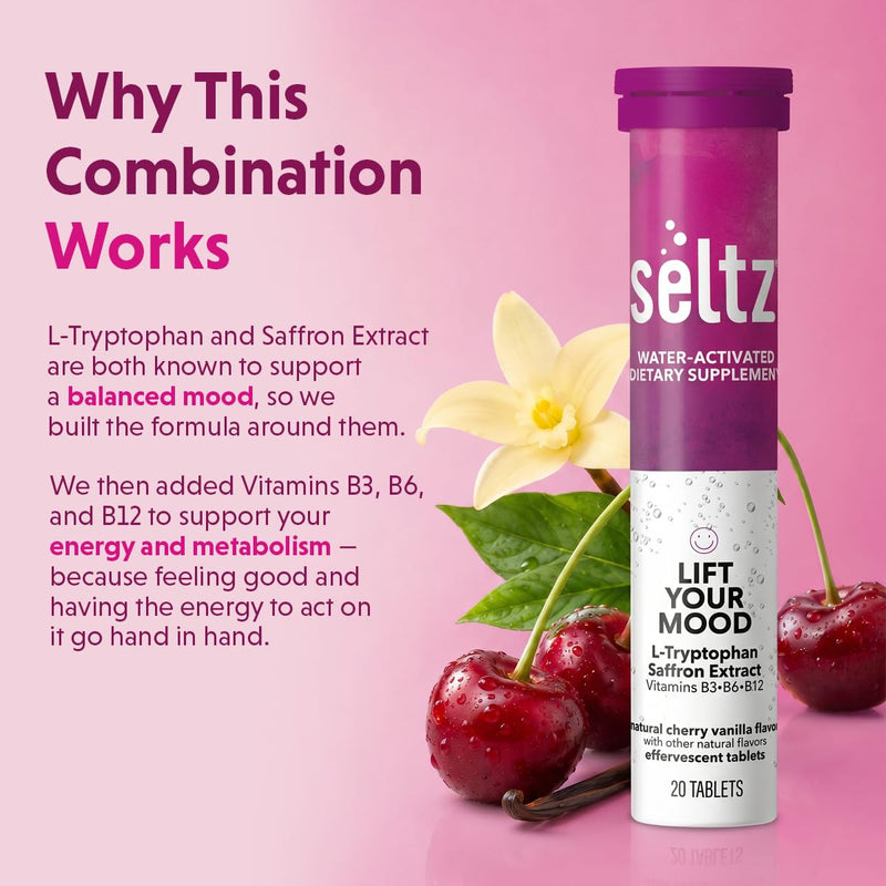 Seltz Mood Support Drink Tablets, Effervescent L-Tryptophan with B Vitamins | Fast Absorption, Easy to Use, Mood Energy Support, No Sugar Added, Drop Fizz and Drink, Supports Hydration, 20 Tablets 1 Pack 20 tablet (Pack of 1)
