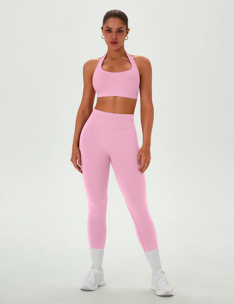 TDIFFUN Women Workout Sets 2 Piece Seamless Scrunch Butt Leggings Padded Halter Sports Bra Matching Set Gym Yoga Outfits Pink Medium