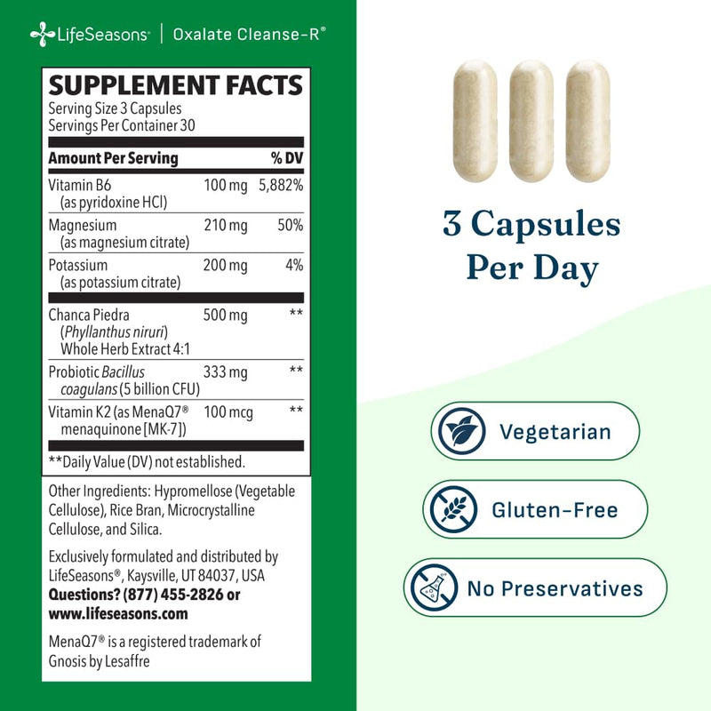 LifeSeasons Oxalate Cleanse-R - Oxalate Balance Support Supplement - Supports Kidney Health & Mineral Balance -Magnesium Citrate, Potassium Citrate, Vitamin B6 & Probiotics - 90 Veg Capsules