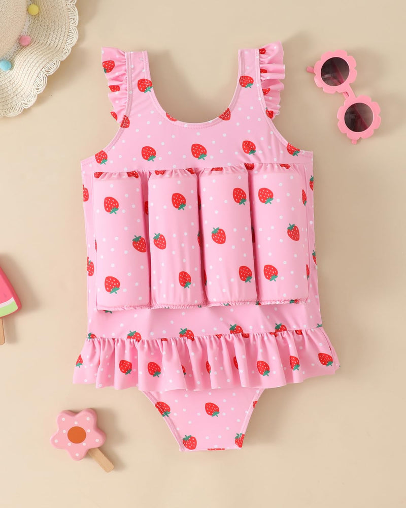 FishingDino Toddler Floatation Swimsuit Girls 1-6T, One Piece Float Suit with Built-in Float, Cute Floating Swim Suit Floatie Pink Strawberry 4-5T
