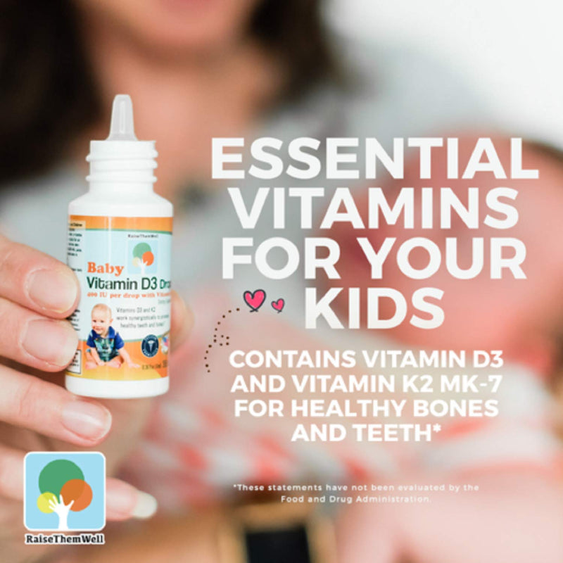 Raise Them Well- Vitamin D and K Drops for Bone and Teeth Health, 365 Servings, 0.36 fl/oz | D3 and plant-based K2 MK-7 support calcium absorption, bones and healthy teeth | Flavorless formula designed for little ones