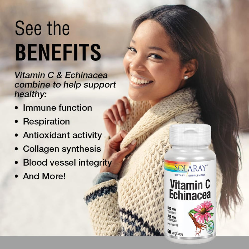 SOLARAY Vitamin C & Echinacea Root | Healthy Immune System Support w/ 500 mg VIT C & 300 mg Echinacea Per Capsule | Non-GMO & Vegan | 60 VegCaps 60 Count (Pack of 1)