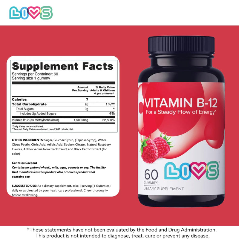 LIVS Vitamin B12 Gummies for Adults & Kids | Vegan Methylcobalamin B12 Supplement | Energy, Metabolism & Nerve Support | Raspberry Flavor | Non-GMO, Gluten-Free, Pectin-Based | 60 Count B 12 60 Count (Pack of 1)