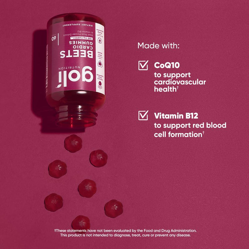 Goli Nutritional Supplement, Beets Cardio Gummy - 60 Count - 100mg CoQ10 & Beet Root Extract - Gluten-Free, Vegan, Non-GMO, and Gelatin-Free. Nature's Great Superfood. 60 Count (Pack of 1)