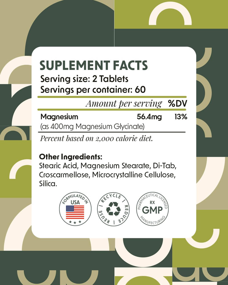 Magnesium Glycinate 400mg – High Absorption Magnesium Supplement for Sleep, Stress Relief, Muscle & Heart Health – Non-GMO, Gluten Free – 120 Tablets (2 Month Supply) – Alpha & Omega Nutrition