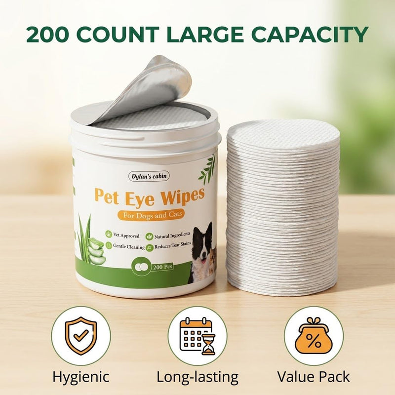 Dylan's cabin Eye Wipes for Cats - 200 Count Soft Round Dogs Eye Cleaning Pads, Alcohol Free pH Balanced Daily Tear Stain Wipes Remove Discharge and Crust pet eye wipes