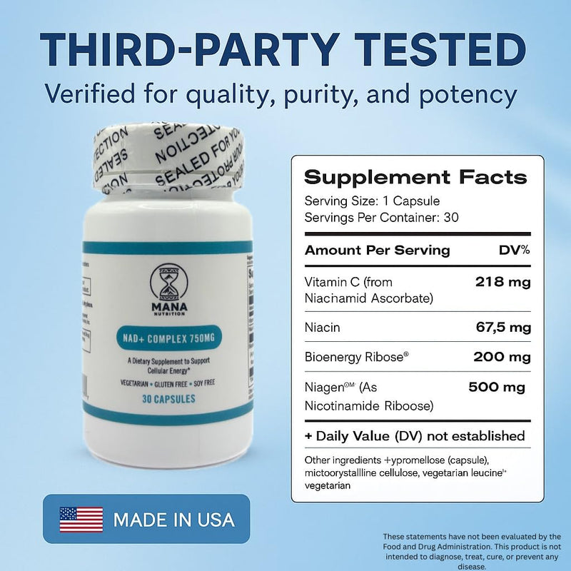 NAD+ Complex 750MG – with Niacin & Vitamin C – Vegan, Gluten-Free, Non-GMO – 30 Capsules | Cellular Energy, Healthy Aging & Mitochondrial Support, Vegan, Non-GMO, With Niacin & Vitamin C