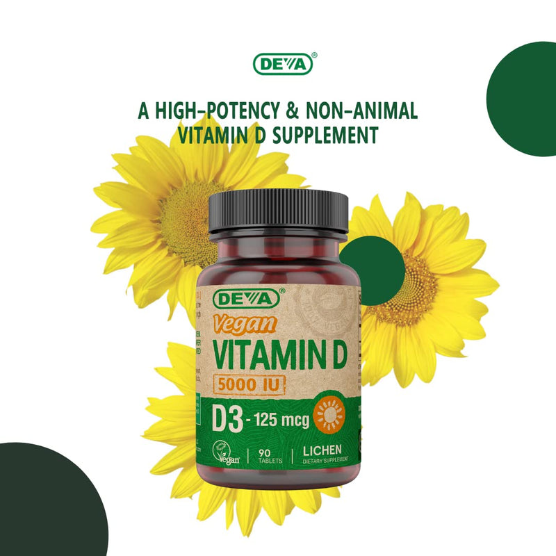 DEVA Vitamin D3 5000 IU, Sunshine Supplement, 125 mcg of Vegan D3, 90-Count Bottle 90 Count (Pack of 1)
