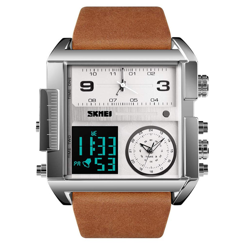 SKMEI Men's Digital Sports Watch, LED Square Large Face Analog Quartz Wrist Watch with Multi-Time Zone Waterproof Stopwatch Silver Brown