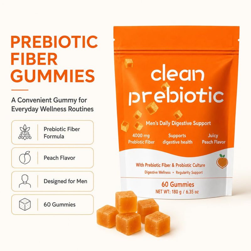 Clean Prebiotic Fiber Gummies for Men | Peach Flavored , Digestive Wellness , 60 Count