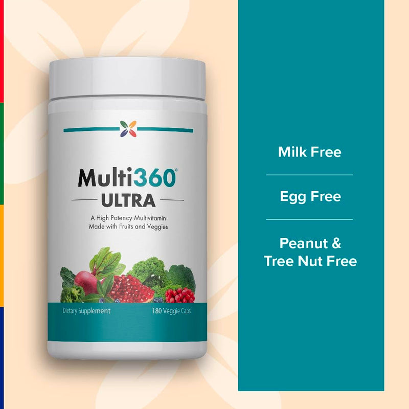 Stop Aging Now - Multi360 - Multivitamin Supplement with Fruits and Veggies - Folate, Zinc, Vitamin C, & B-12 - for Adults Women & Men - 180 Veggie Capules