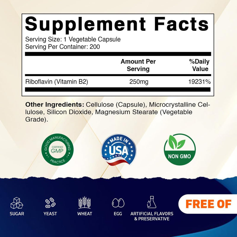 Vitamatic Vitamin B2 (Riboflavin) 250 mg, 200 Vegetarian Capsules (2 Pack) | Supports Energy Metabolism, Healthy Skin & Eye and Antioxidant*, Non GMO, Gluten Free, Made in USA