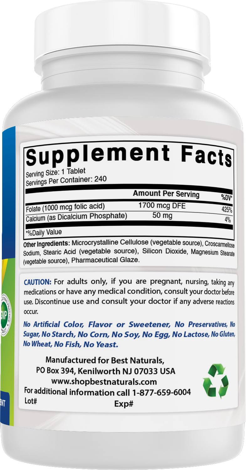 Best Naturals Folic Acid 1000 mcg (Vitamin B9), 240 Tablets (1000 mcg (Pack of 2)) 1000 mcg (Pack of 2)