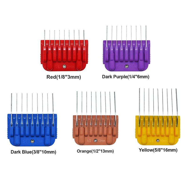 COSYONALL Animal Stainless Steel 5 Color Dog Guide Comb Set,Cutting Length 1/8"-5/8" for 10#/15#/30# A5 Detachable Blade,Compatible with Andis, Oster A5, Wahl KM Series Clipper Guards 5 PACK(3MM-16MM) - BeesActive Australia