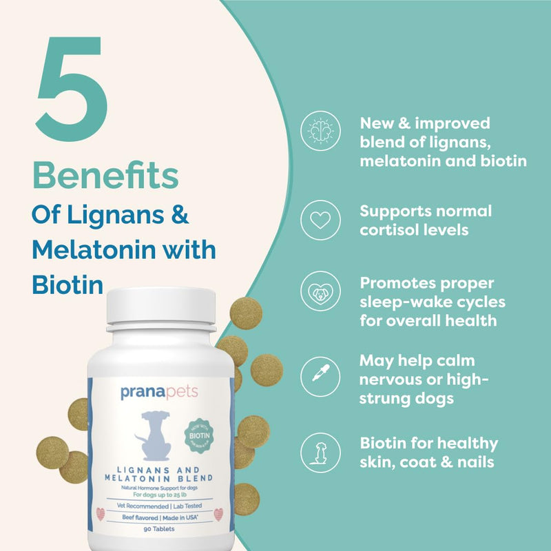 PranaPets Lignans & Melatonin with Biotin Blend Naturally Aids in Relieving Symptoms of Cushing’s in Dogs Over 25 lb | Promote Healthy Balance & Overall Well-Being Over 25 lb (w/ Biotin)