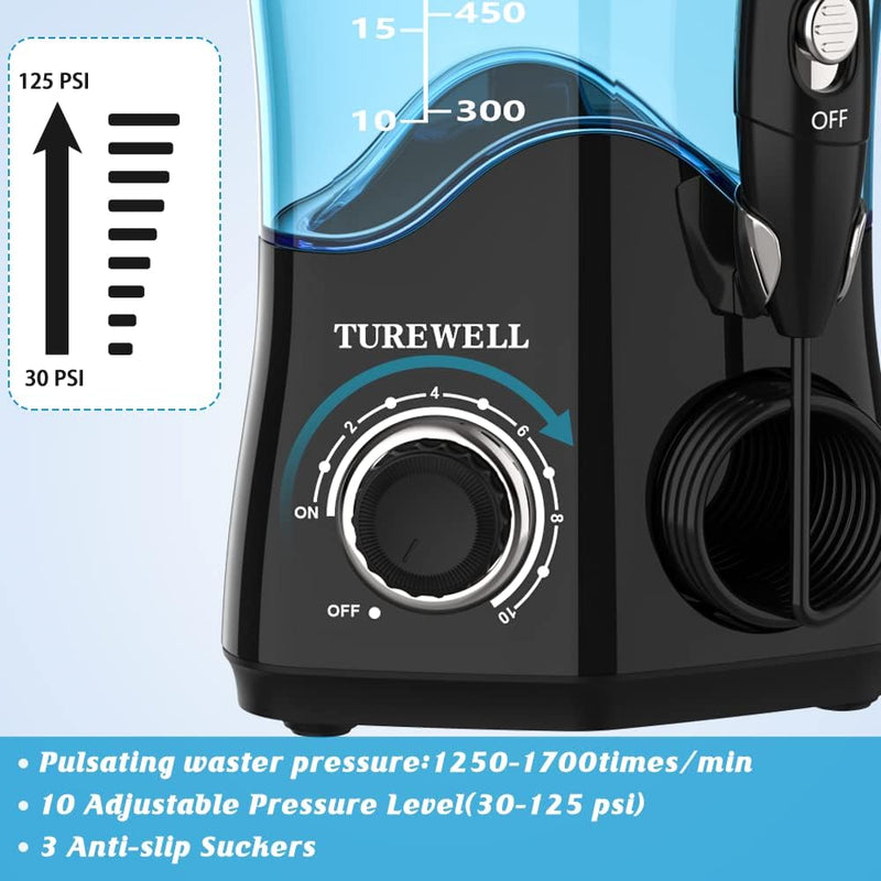 TUREWELL Water Dental Flosser for Teeth/Braces, Water Teeth Cleaner 8 Jet Tips and 10 Pressure Levels, 600ML Large Water Tank Oral Irrigator for Family(Black) Black