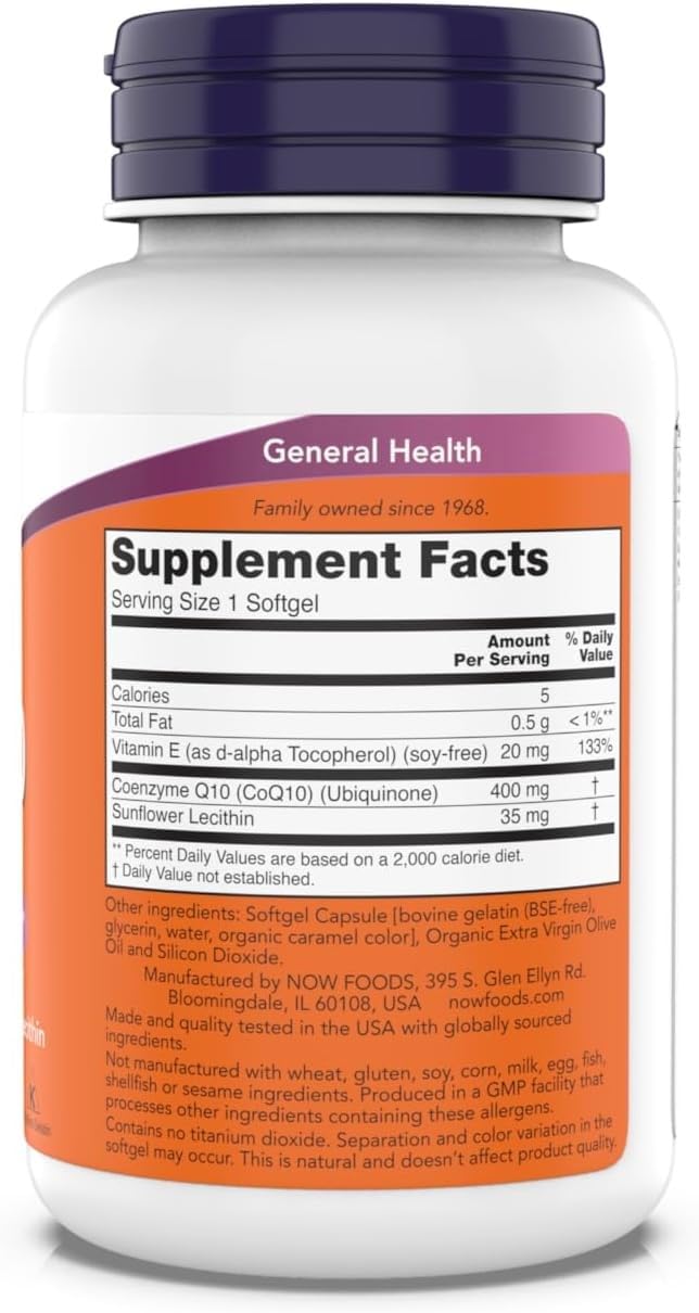 NOW Foods Supplements, CoQ10 400 mg, Pharmaceutical Grade, All-Trans Form Produced by Fermentation, 90 Softgels 90 Count (Pack of 1)