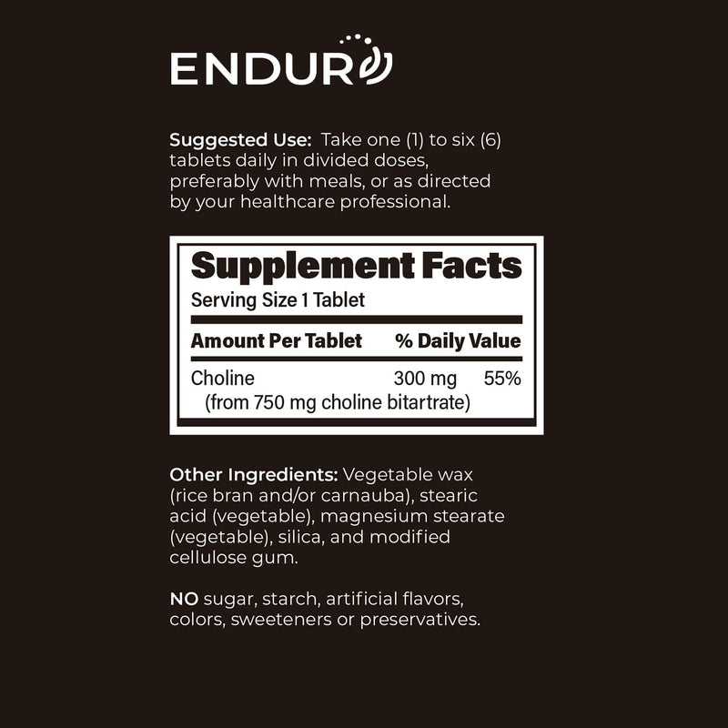 Endurance Products ENDUR Choline L(+) Bitartrate SR 300 mg, 200 Tablets | Sustained Release, Brain, Liver, Cellular & Fetal Development, Pregnancy Support, Optimal 6–8 Hour Absorption Delivery