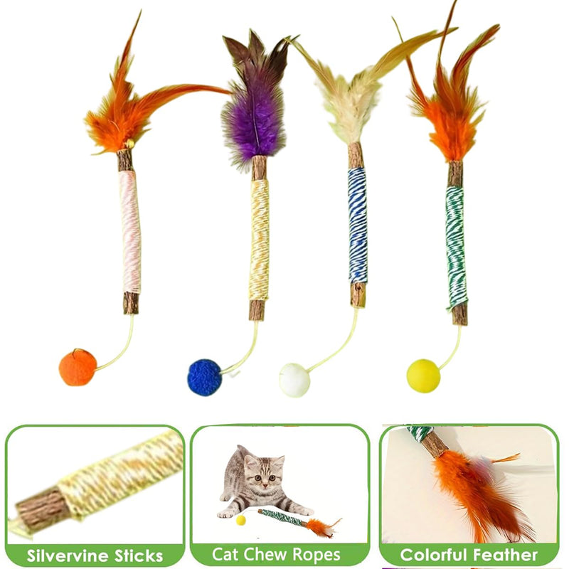 Vintage & Haven ﻿ 4 Pcs Natural Silvervine Sticks Cat Toys, Feather Style, Kittens Chew Toys for Teeth Cleaning, Matatabi Dental Care Cat Treat, Consumable Kitty Lick Toys