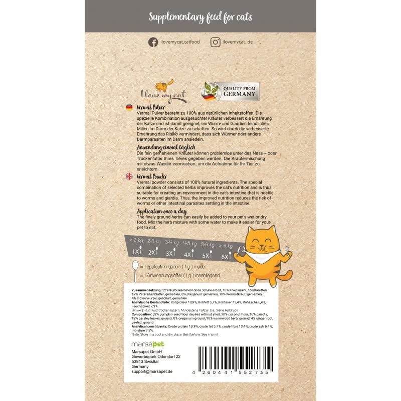 I love my cat Vermal powder for cats: high-quality nutritional supplement against giardia, intestinal parasites and digestive disorders, natural and effective, 35 g. - BeesActive Australia