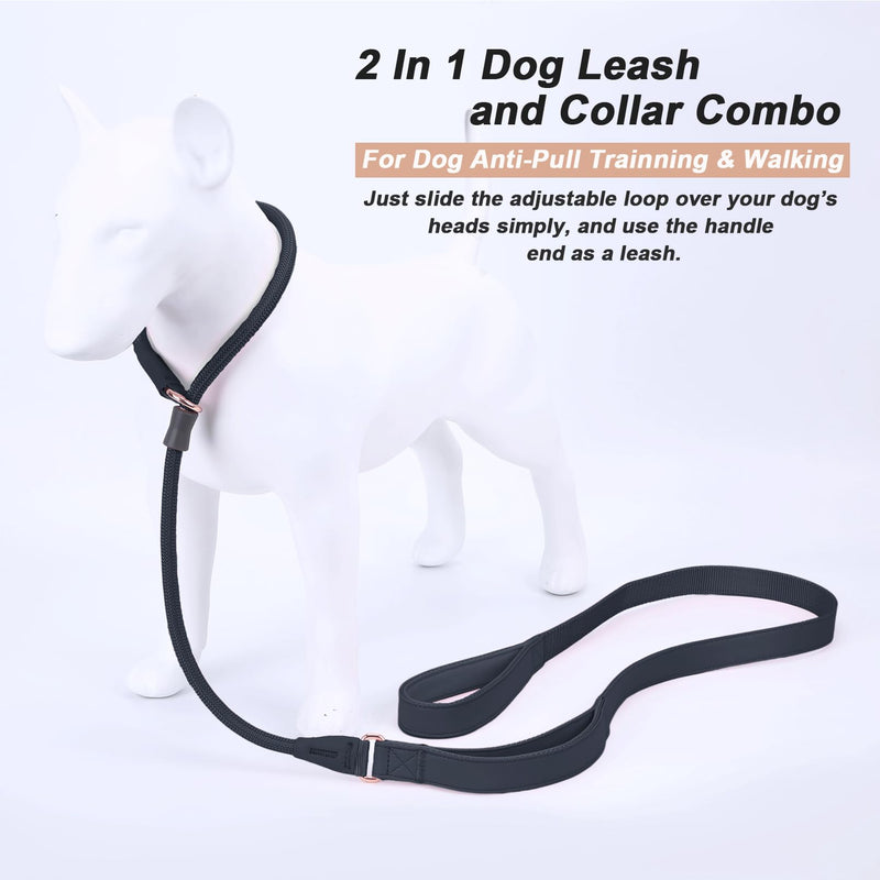 Slip Lead Dog Leash, Dog Training Leash with Double Handle, Soft Leather Nylon Slip Leash and Collar, Heavy Duty Rope Dog Lead, No Pull Walking Leash for Small Medium Large Puppy Dogs 6ft Black - BeesActive Australia