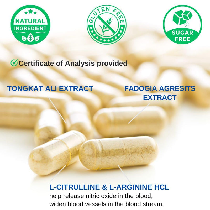 Tongkat Ali Fadogia Agrestis - 1200mg, Enhanced with Nitric Oxide Booster Supplement, Longjack Tongkat Ali for Men, *USA Made and Tested*, 60 Capsules - BeesActive Australia