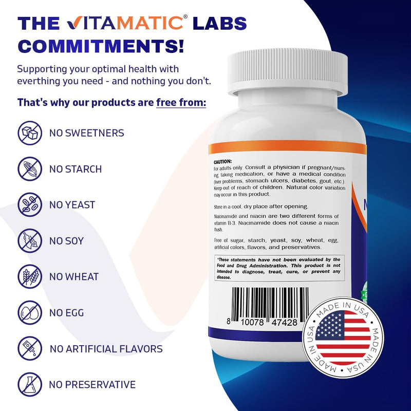 Vitamatic Niacinamide 500 mg 240 Tablets - Flush Free Vitamin B3 - Supports Energy Production (Pack of 2) 240 Count (Pack of 2)