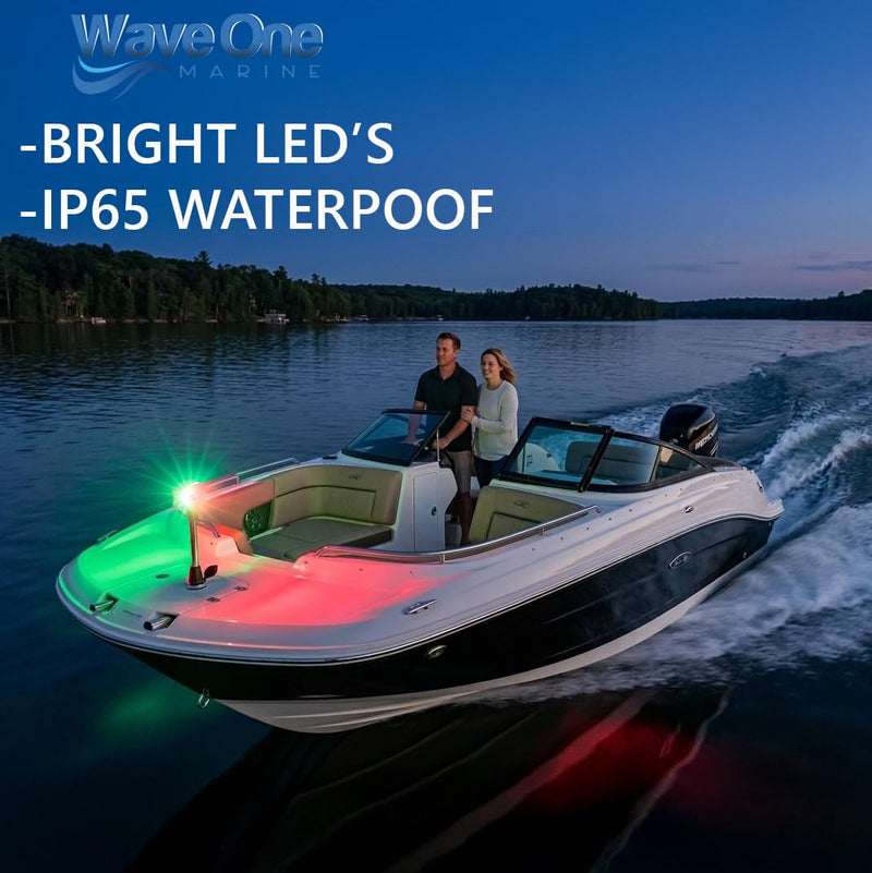 Wave One Marine 12" LED Bow Removable Bi-Color Navigation Light With Stainless Plug In Base | Boat 2 Pin Pole Pontoon Red Green Lights 1NM Visibility | 12 Volt DC | Night Nav Waterproof Inches - BeesActive Australia