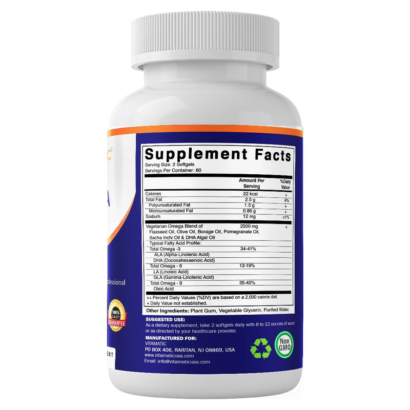 Vitamatic Vegan Omega 3-6-9 Complex 1250mg | Flaxseed, Olive, Borage & Algae Oils | Plant-Based Omegas | 120 Softgels