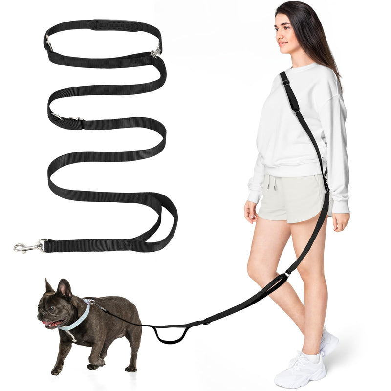 Hands Free Dog Leash, 8.5ft Adjustable Hands Free Leash for Medium Dogs, Versatile Handheld Crossbody Waist Lead with 3 Rings, Easy Adjust for Running Jogging Walking, Sponge Handle, Black