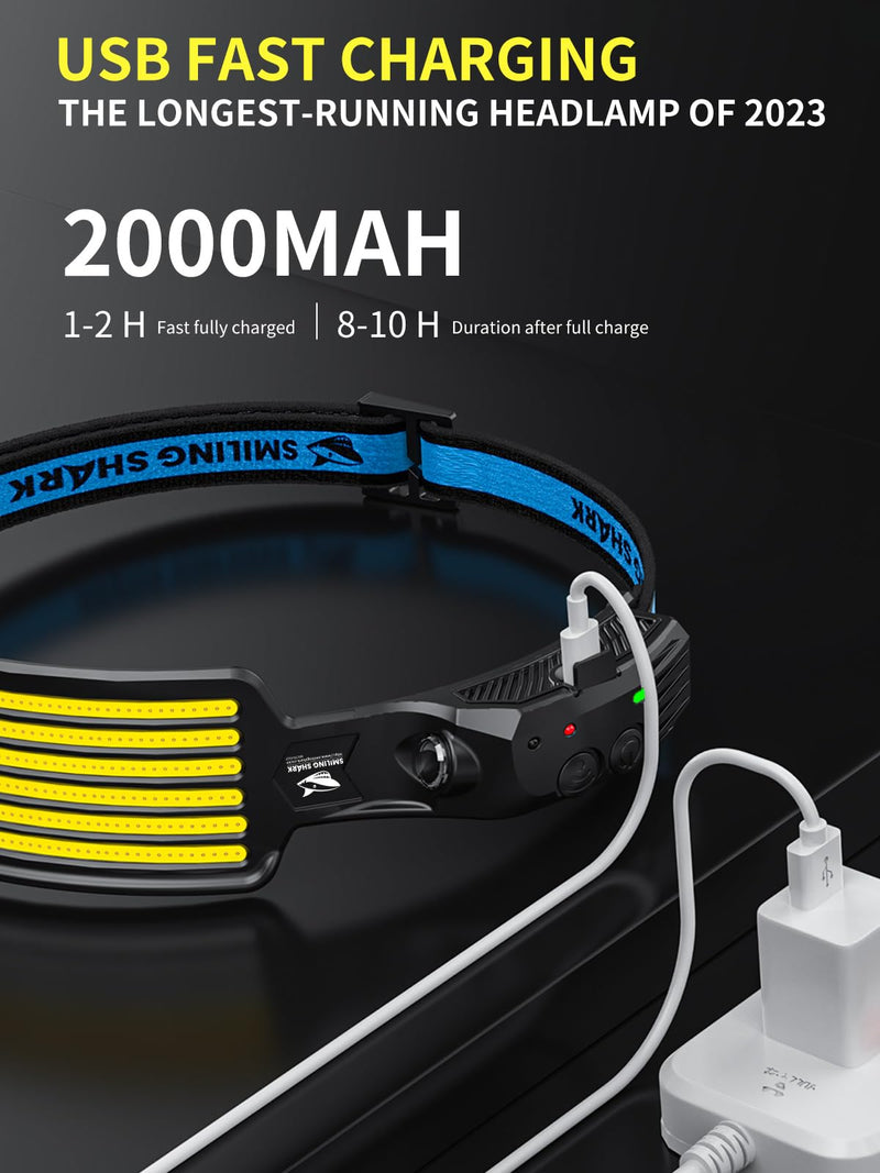 Smiling Shark Rechargeable Headlamp, 2 Pack Wide Angle 6*White Light The Brightest LED Head Lamp with Motion Sensor Waterproof Headlight for Camping Hiking Outdoor, Head-Light-LED-Lamp-Rechargeable White