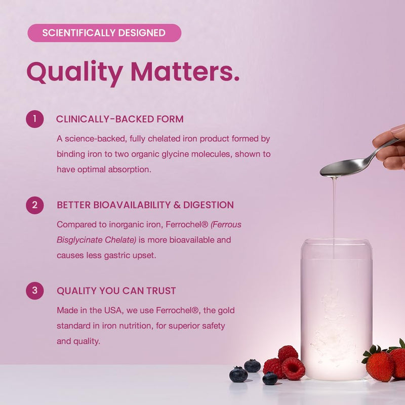 Organic Liquid Iron Supplement for Women, Men & Kids with Vitamin C | Sugar Free Natural Berry Flavor Non Constipating Vegan Ferrochel¬Æ Iron Supplements for Healthy Blood, Prenatal & Postnatal