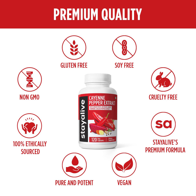 StayAlive Cayenne Pepper Capsules 960mg Super Extract with Ginger, Garlic, Turmeric, Beet Root, Black Pepper, 120 Cayenne Capsules, Support Cardiovascular & Immune System, Capsaicin Supplement Pills