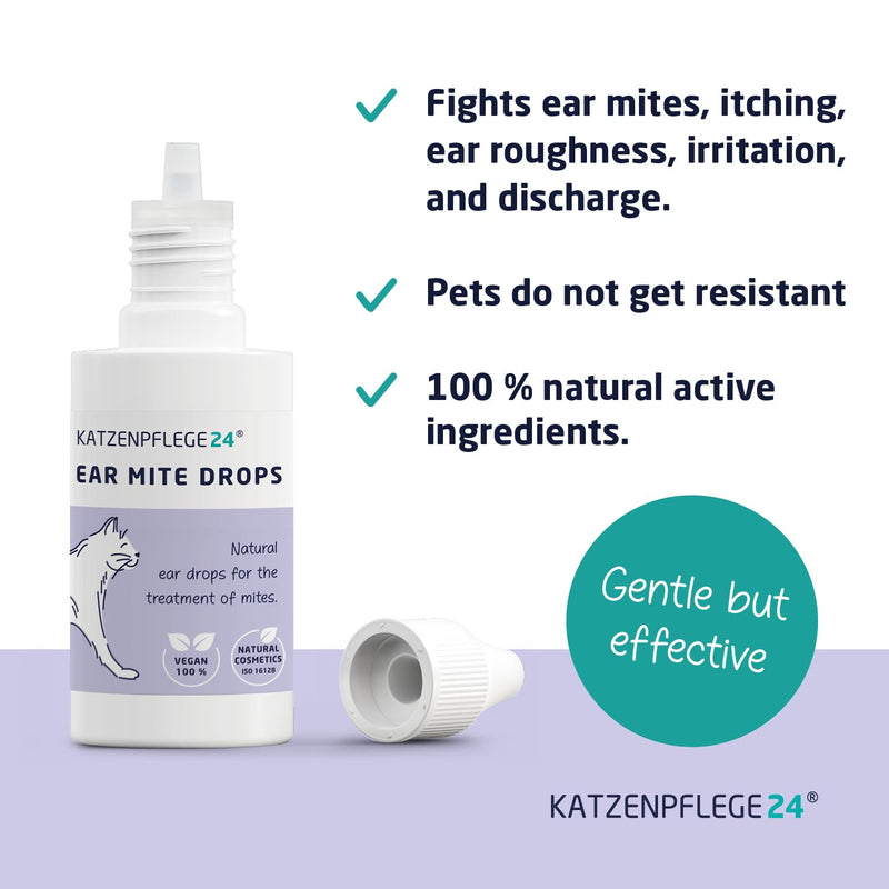 Cat ear drops 50ml to fight ear mites, itching, and ear inflammation - Natural immediate effect and gentle care for cat ears - Ear mite treatment for cats & dogs