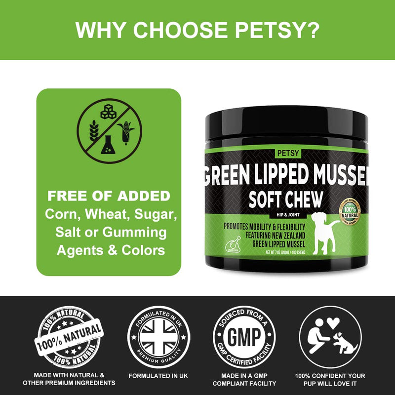 Green Lipped Mussel for dogs ALL in ONE Joint Care Supplements Hip & Joint aid 100 Tasty DAILY Chews Glucosmine Chondoitin MSM Curcumin PUPPY- ADULT-SENIOR - Chicken Flavor joint supplements for dogs