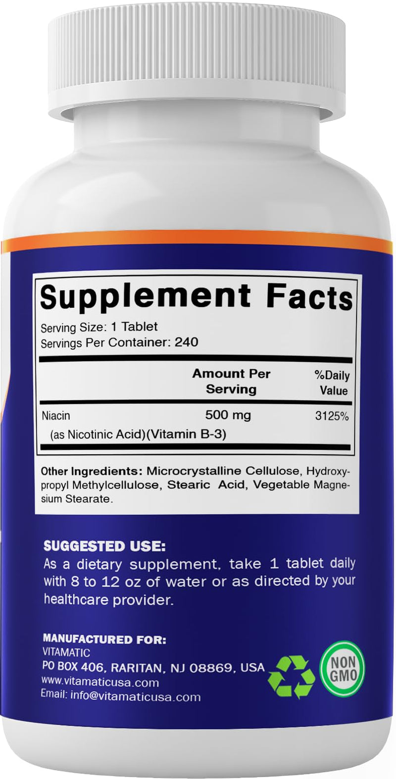 Vitamatic Niacin (Vitamin B3) 500mg,240 Tablets - Non-GMO & Gluten Free 240 Count (Pack of 1)