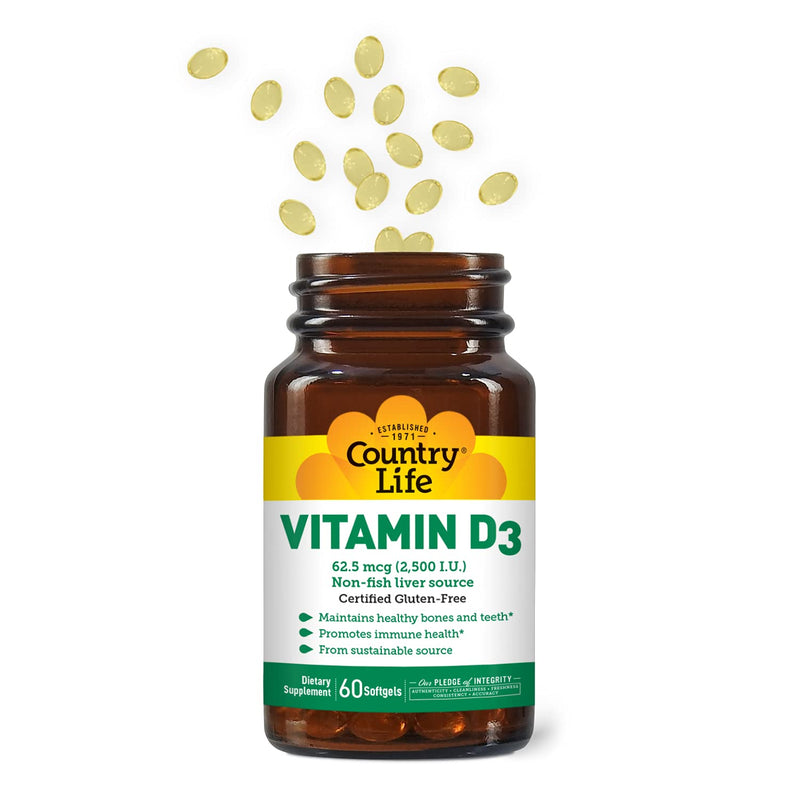 Country Life Vitamin D3 2500 IU, Non-Fish Source, 60 Softgels | Supports calcium absorption and helps maintain healthy bones, teeth and immune function with one convenient daily serving.