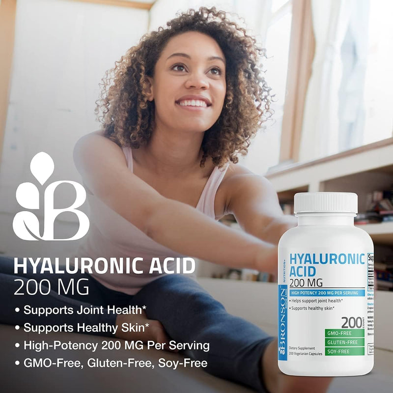 Bronson Hyaluronic Acid 200 mg as Sodium Hyaluronate, 100 Capsules | Joint Health & Skin Hydration Support, High Potency Formula, Vegetarian, Non-GMO, Gluten-Free & Soy-Free 100 Count (Pack of 1)