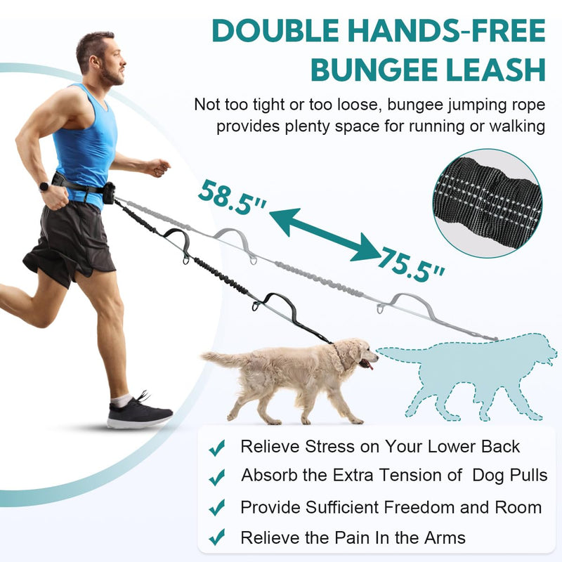 Hands Free Dog Leash with Pouch, Double Leash for Two Dogs, Retractable Bungee with Double Padded Handles, Dog Waist Leash for Dog Walking, Running Leash for Dogs, Dog Walking Accessories 2 Leashes Black/Grey - BeesActive Australia