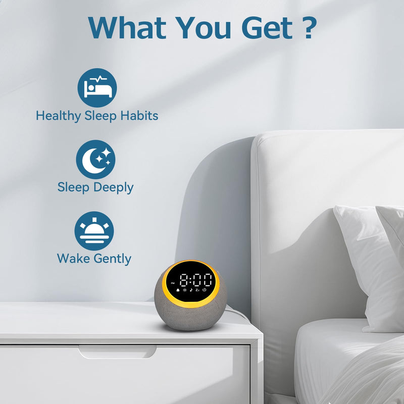Rohent Sound Machine for Sleeping Adults: Alarm Clocks for Bedrooms, 25 Soothing Sounds, 7 Soft Wake-Up Sounds, 16 Adjustable Volume & Timer, Memory Function - Ideal for Bedroom Gray 4.5*4.5*4.5 - BeesActive Australia