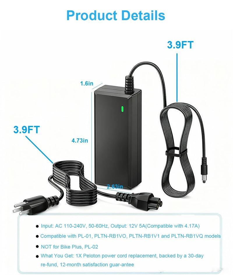 for Peloton Bike Power Cord Replacement, Charger Plug for Original PL-01 PLTN-RB1V1 RB1VO RB1VQ ATS050TP121, Cross Training Bike, Avoid Stretching or Shifting The Cycle Bike, 12V - BeesActive Australia