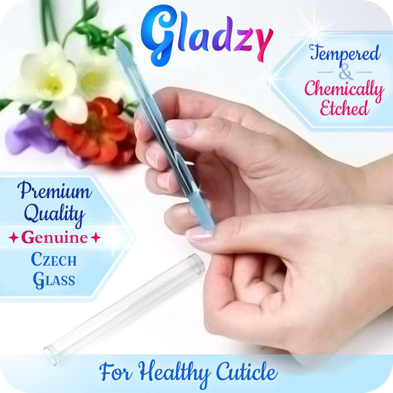 GLADZY Czech Glass Nail File Set with Glass Nail Shiner & Cuticle Pusher– 3 pcs Manicure Kit with Case, Multi-Functional Nano Buffer, Manicure Stick, Etched Crystal File for Natural Nails, Made in EU Shiner Set - With Cuticle Pusher - BeesActive Australia