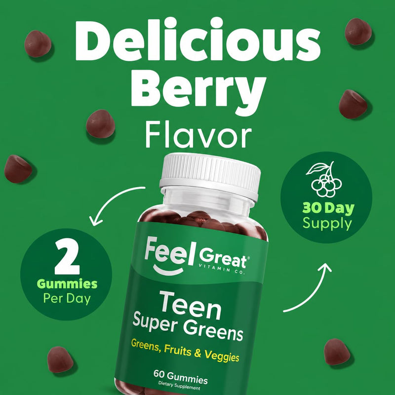 Feel Great Super Green Gummies Teen Vitamins | Vegan Veggie Gummy Multivitamin for Teens | Fruit and Vegetable Supplement | Veggie Fiber Supplement | 60 Count
