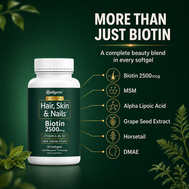 Wellgenix Purvana Hair Skin and Nails Supplement – 2500mcg Biotin Softgels with MSM & B-Complex – Daily Beauty Support for Stronger Nails & Hair Vitality – 90 Softgels | MSM, alpha lipoic acid & grape seed softgels for thicker-looking hair, stronger-lo...
