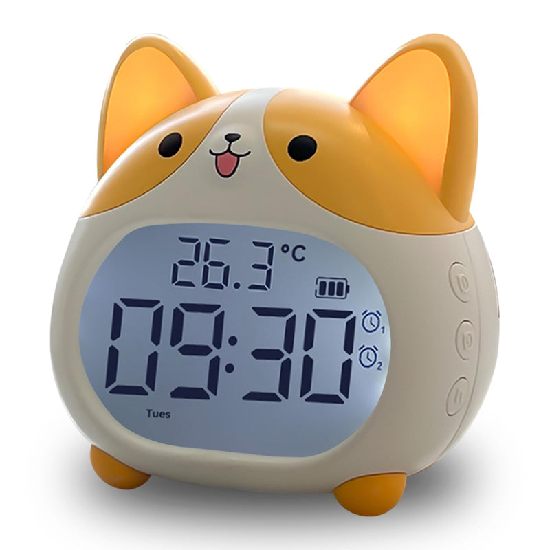 AVEKI Alarm Clocks for Kids - Cute Dog Clock with Night Light, 6 Alarm Tones, Snooze, Timer, Date and Temperature Display - Rechargeable Battery Operated Digital Clocks for Bedroom Kids Room (Corgi) Corgi